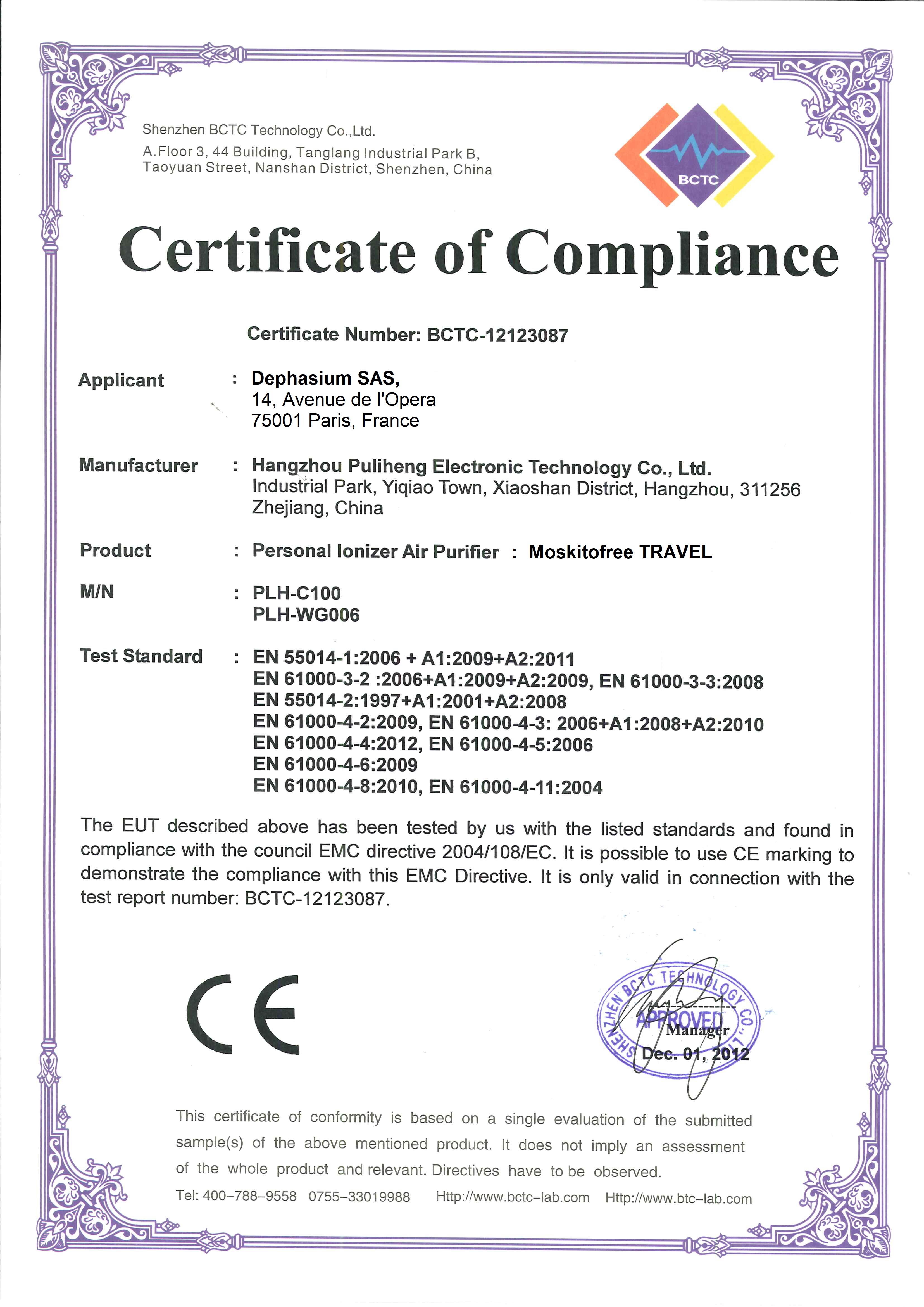 TRAVEL CE-EMC Certificate